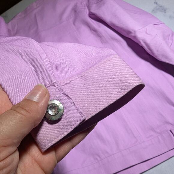 Vtg Y2K Quacker Factory Lilac Pink Stone Embellished Ruffle Denim Jacket Sz S - Picture 3 of 5
